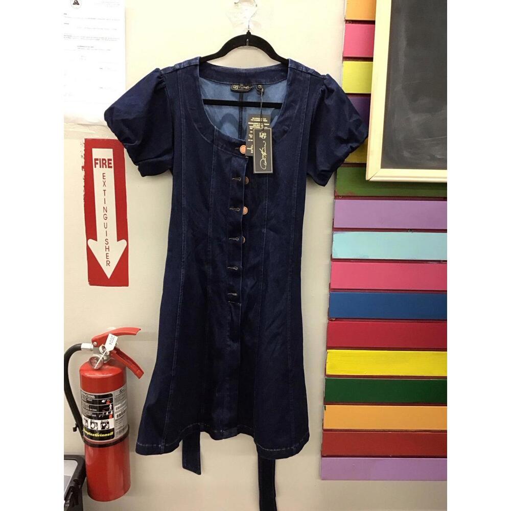 Diane Gilman dg2 blue jean dress petite small puff sleeves buttons fit flare